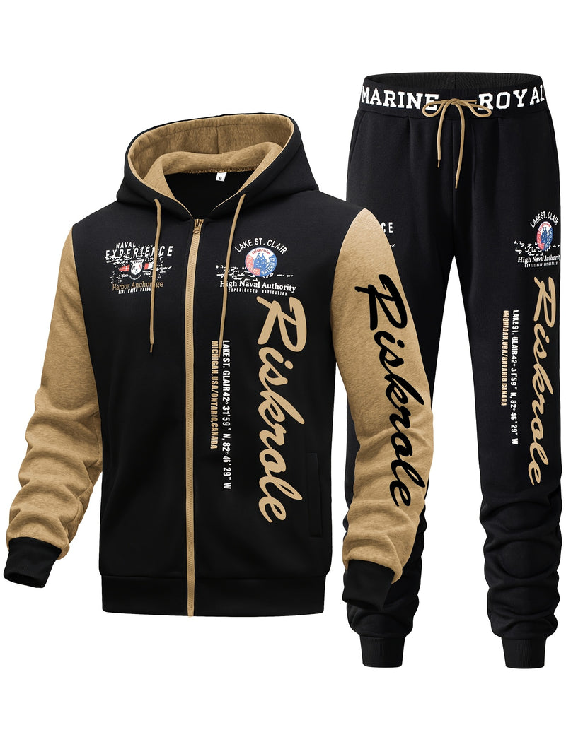 Men's Hooded Sweatshirt with Letter Print, Two-Piece Sports Running Outfit.