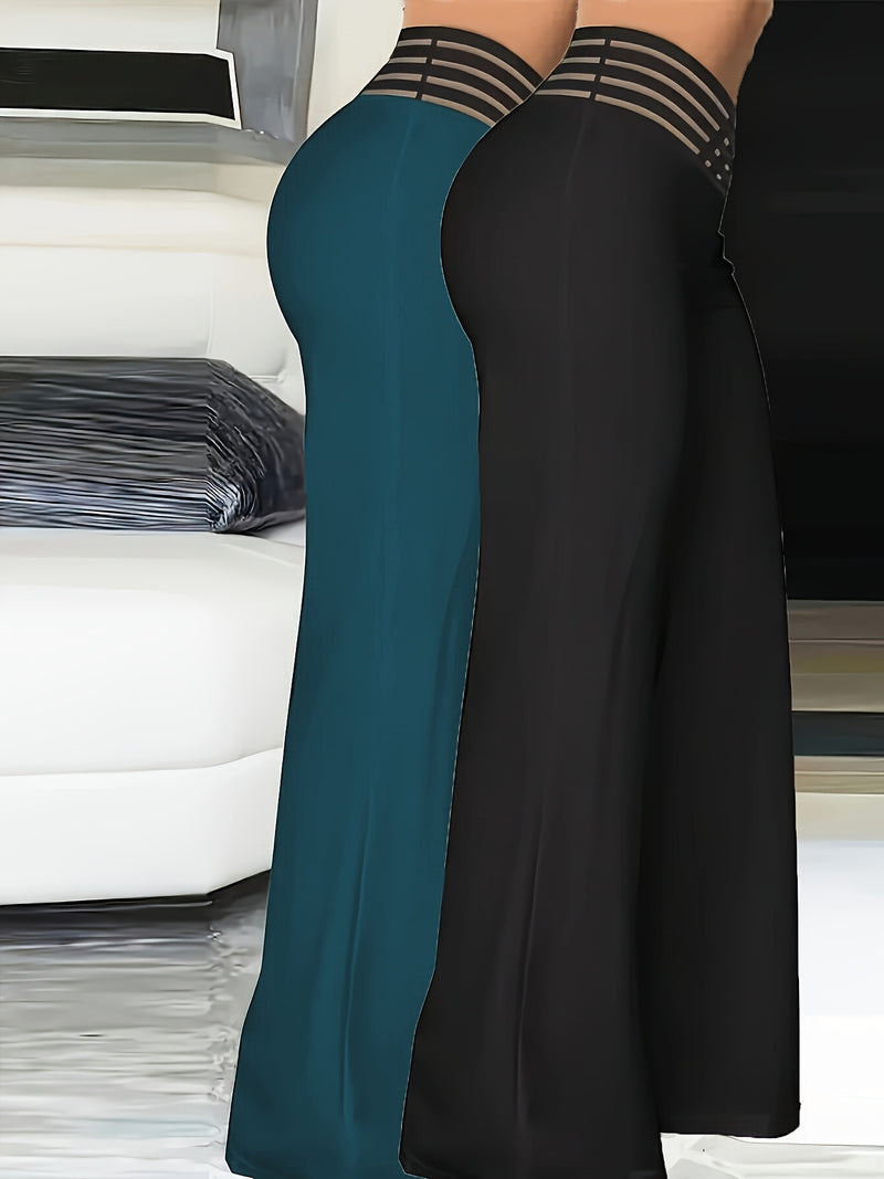 2pcs Women’s Fashion Solid Color Cross Transparent Mesh Patch High-Waisted Pants.