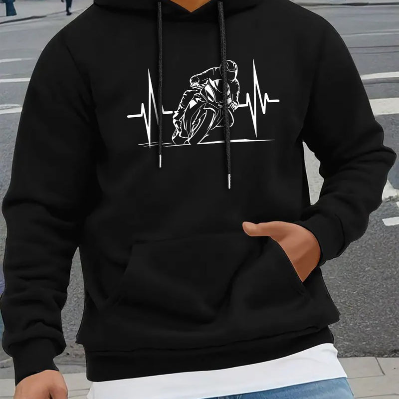 Men's Hoodie with a Heartbeat And Speed Motorcycle Print.