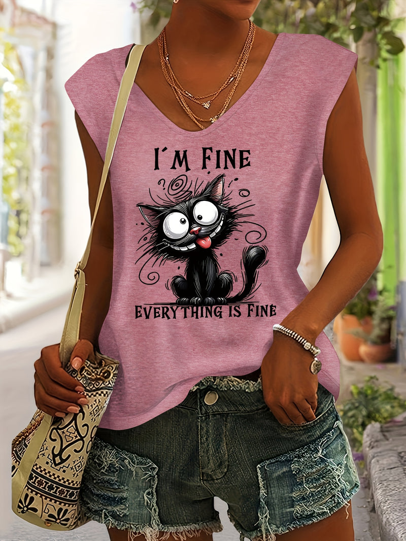 Women’s Cute Cat Print Rayon V-Neck Short Sleeve T-Shirt.