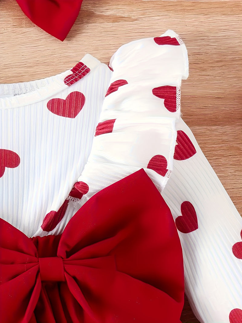 Girls' Valentine's Day Sweet Romantic Lace Bow Decorated Heart Print.