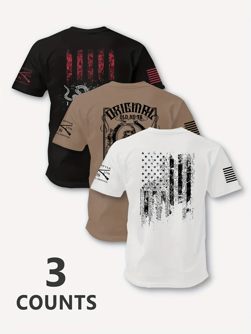 3pcs Men's Short-sleeve Pattern Print Crew Neck T-shirt.