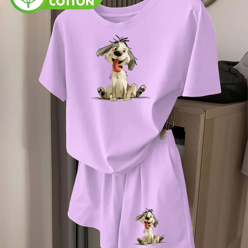 Women's Fashion Cartoon Puppy Print Short Sleeve T-Shirt and Shorts.