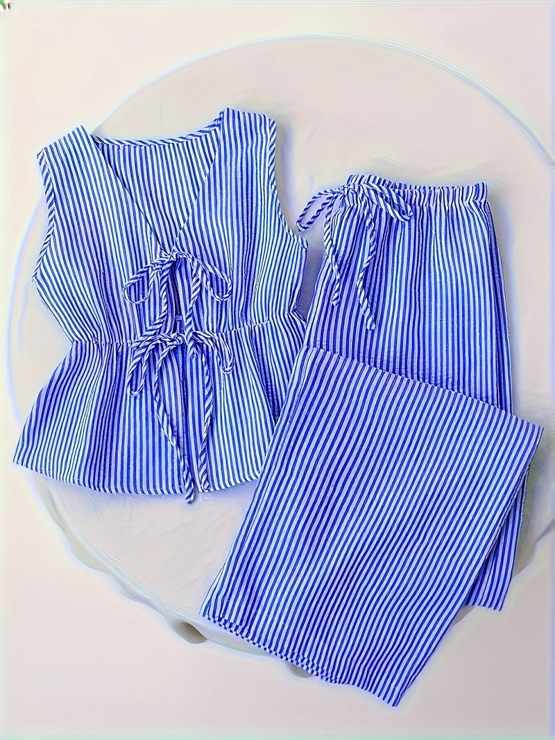 Women's Blue And White Striped Two-Piece Set.