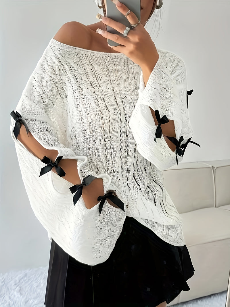 Women's Sexy Off-Shoulder Top with Long Sleeves & Butterfly Bow Accents.