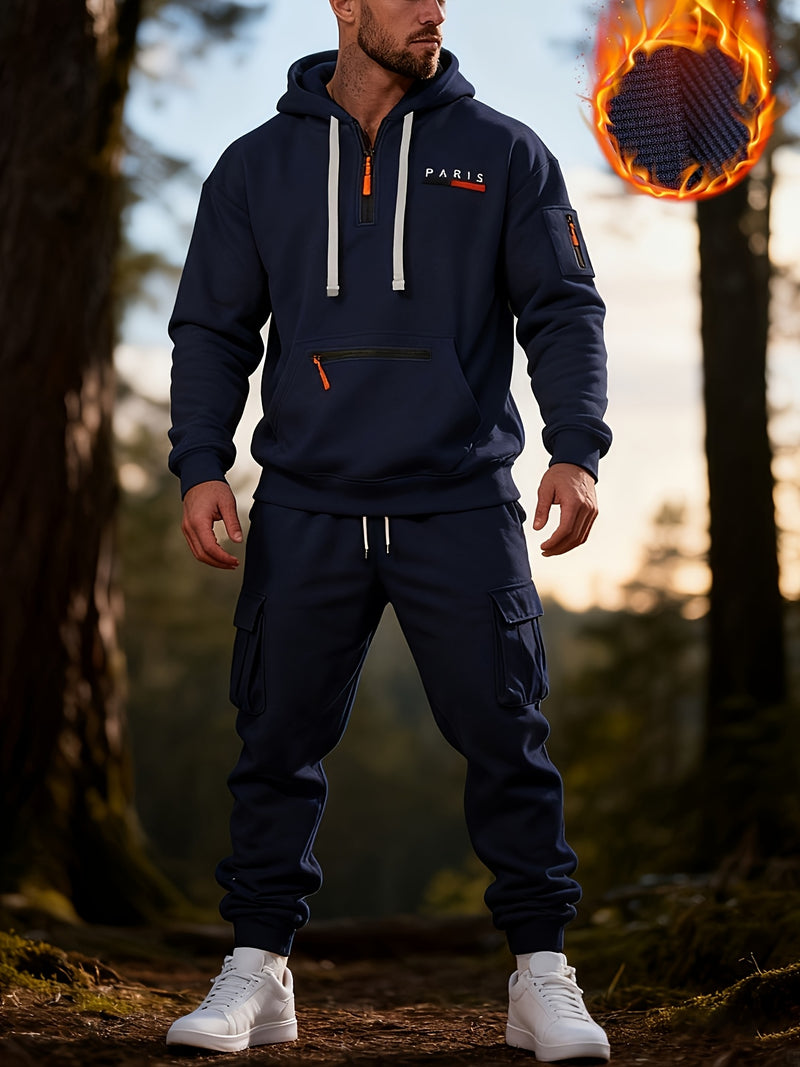 Men's Halloween Paris Letter Print Hoodie & Drawstring Cargo Jogger.