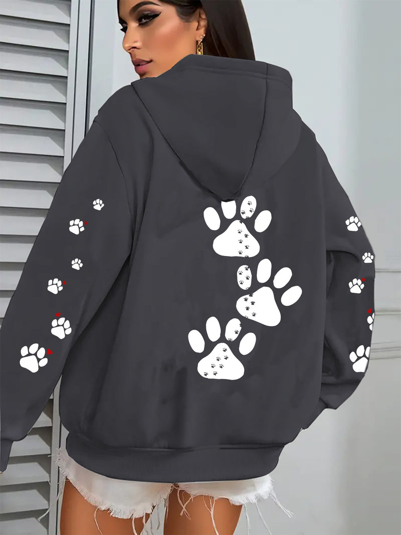 Women's Casual Hoodie with Dog Paw Print Back Design.