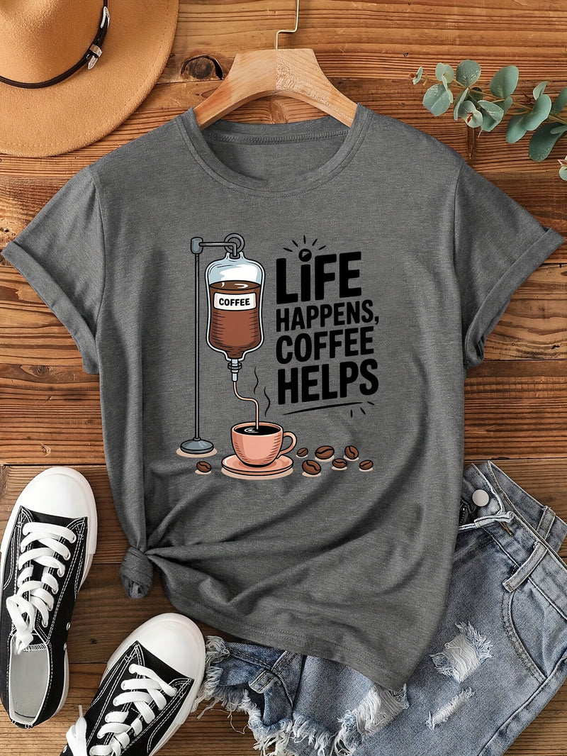 Women's Coffee-Themed T-Shirt with "Coffee Helps" Slogan.