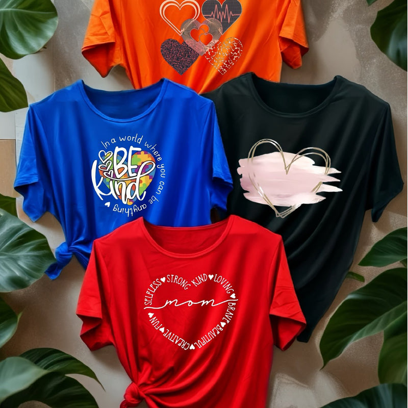 A Set of Four Diverse Heart-Patterned T-Shirts for Women.