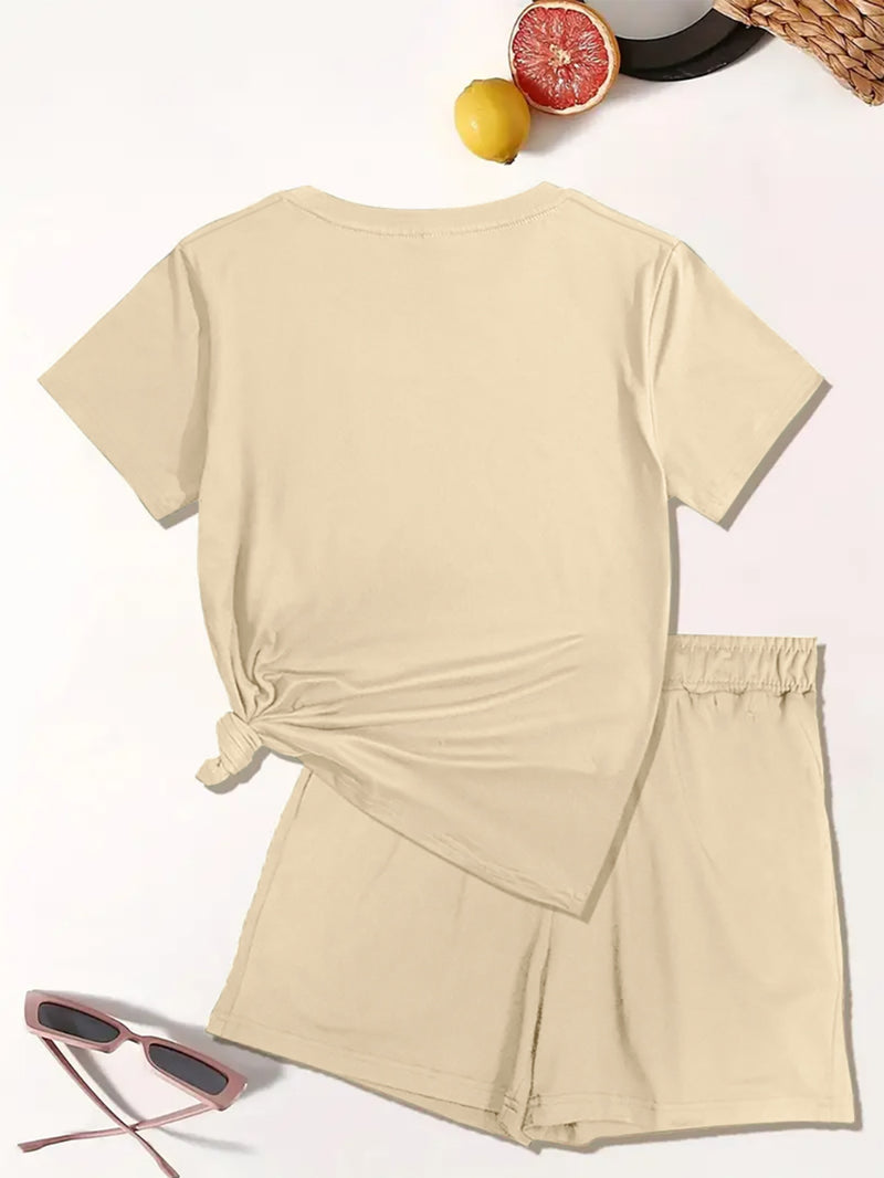 Women’s Graphic Print Two Piece Set, Short Sleeve T-shirt & Shorts.