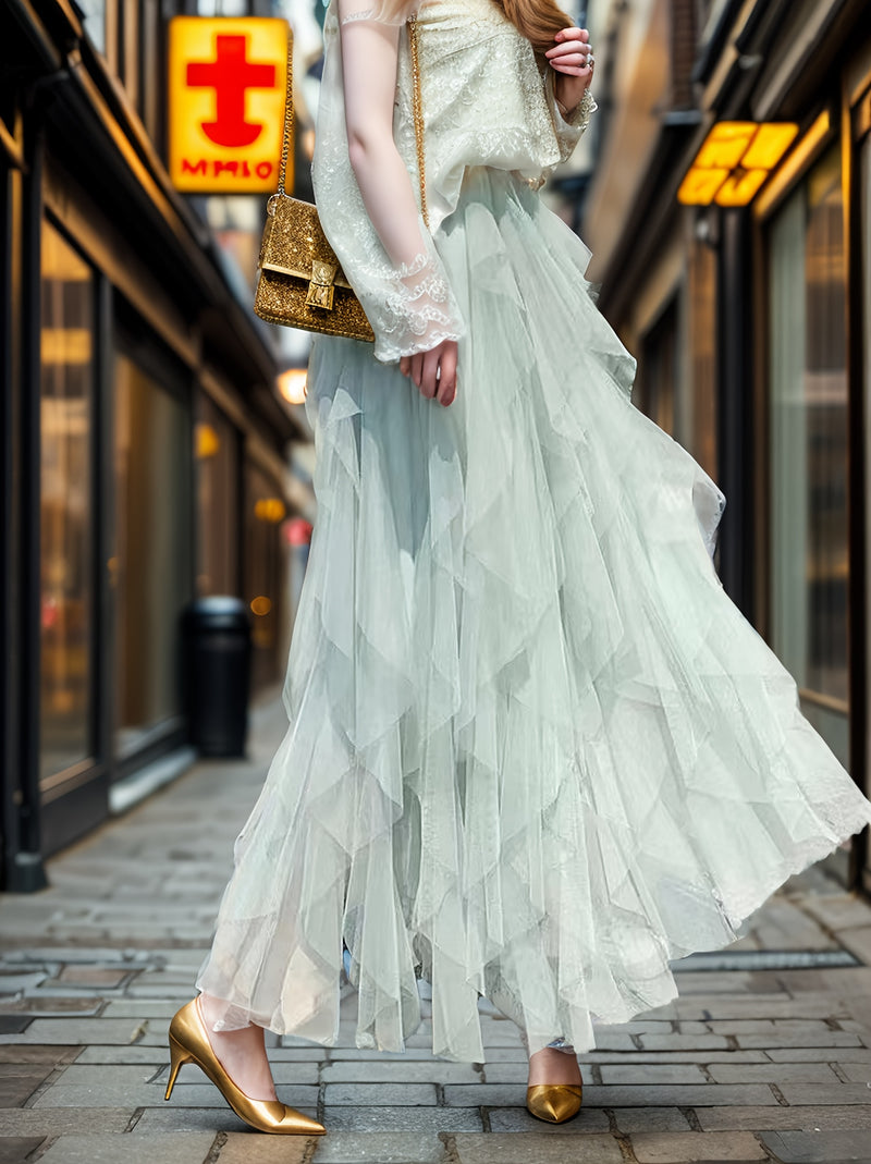 Women’s Irregular High-Waisted A-Line Tulle Skirt, Layered Tulle Skirt.