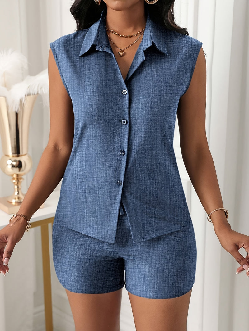 2pcs Women's Solid Color Button-Front Short Sleeve Top and Knot Shorts.