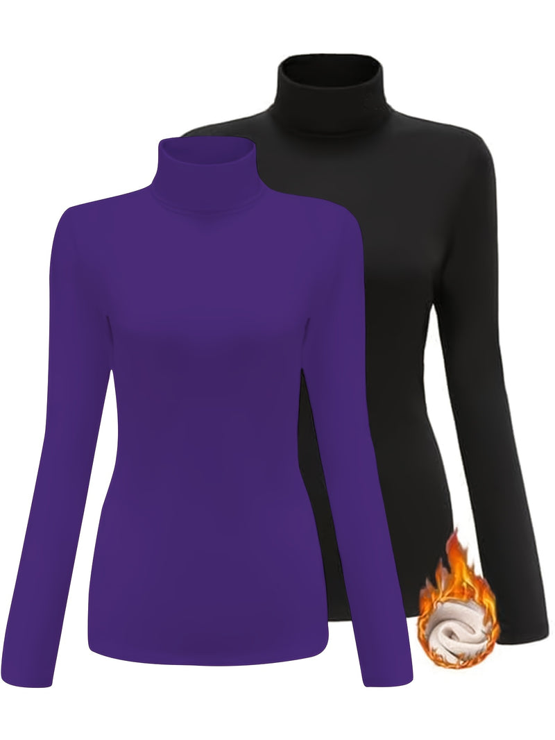 Women's High Collar T-Shirt Autumn And Winter Fleece Lining Warm Long-Sleeved.