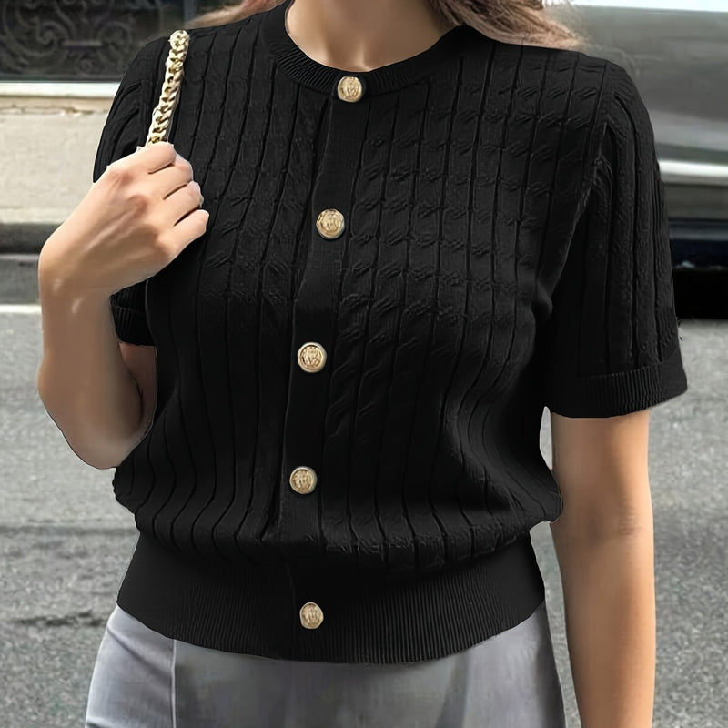 Women's Button-Front Solid Color Cable Blouse.