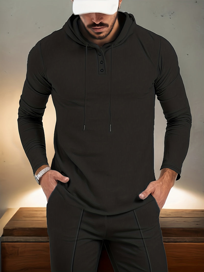 A Two-Piece Casual Outfit for Men Hooded Long-Sleeve T-Shirt.