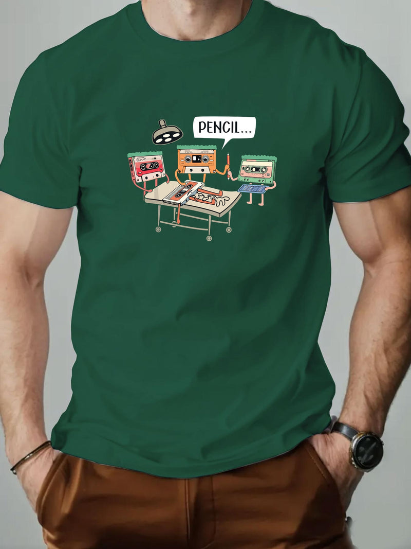 Men's Summer Casual Crew Neck Short Sleeve T-Shirt with Tape Pattern.