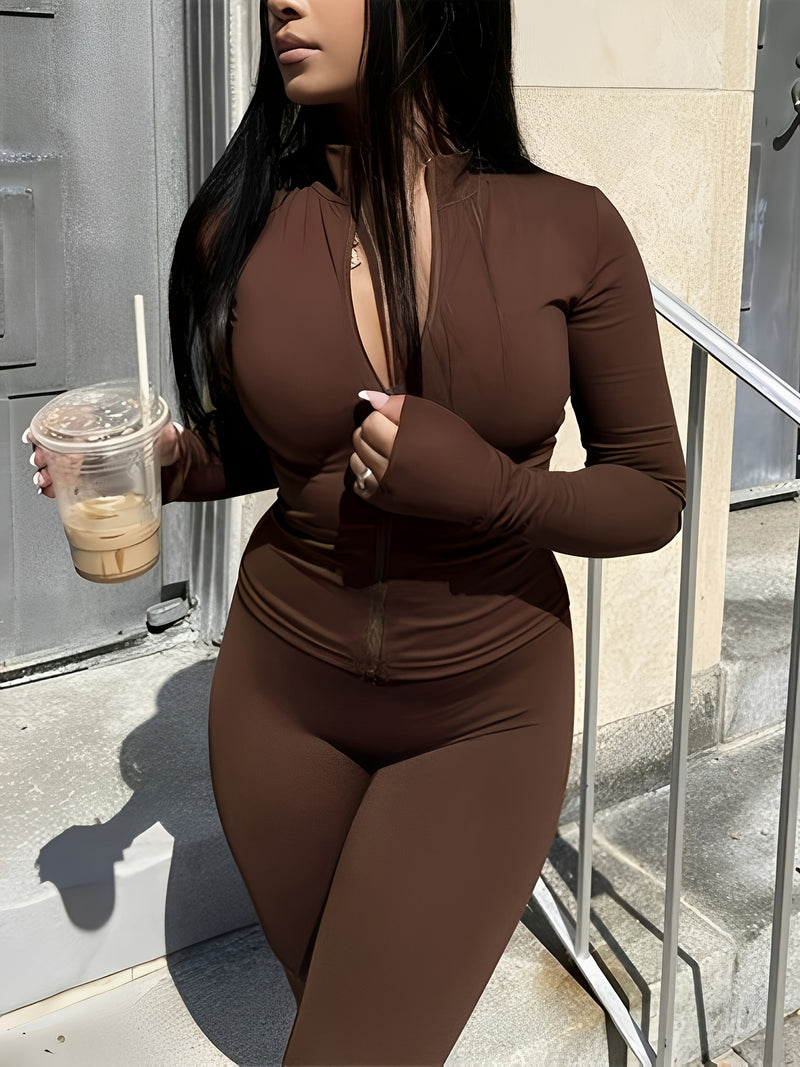 Women's Two-Piece Zippered Top Set, Ladies' Fashion Suit.