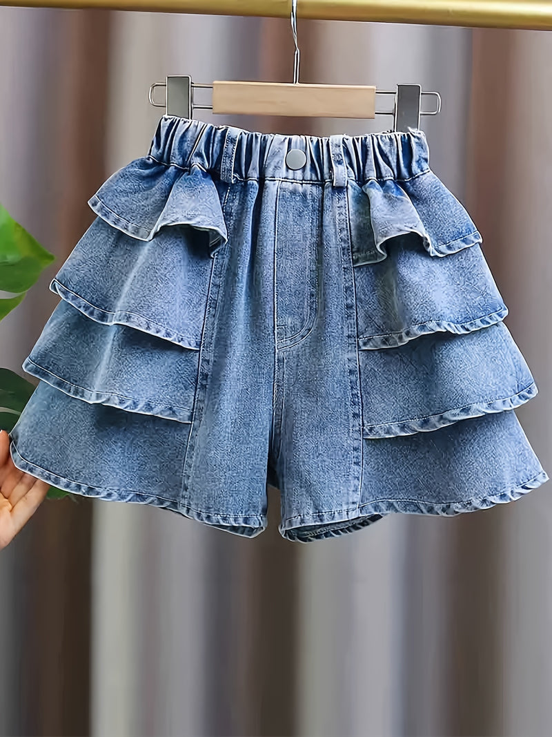 Girls' Summer Fashion Versatile Ruffle-trim Denim Shorts, Comfortable Lightweight.