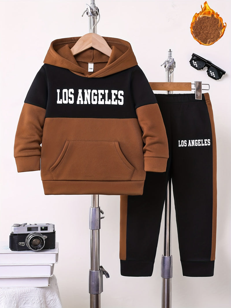 2pcs Boys Autumn/Winter Fleece-Lined Hooded Sweatshirt and Pants Set.