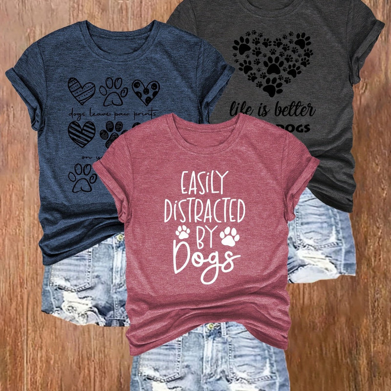 3pcs Women's Casual Dog Lover Graphic T-Shirts.