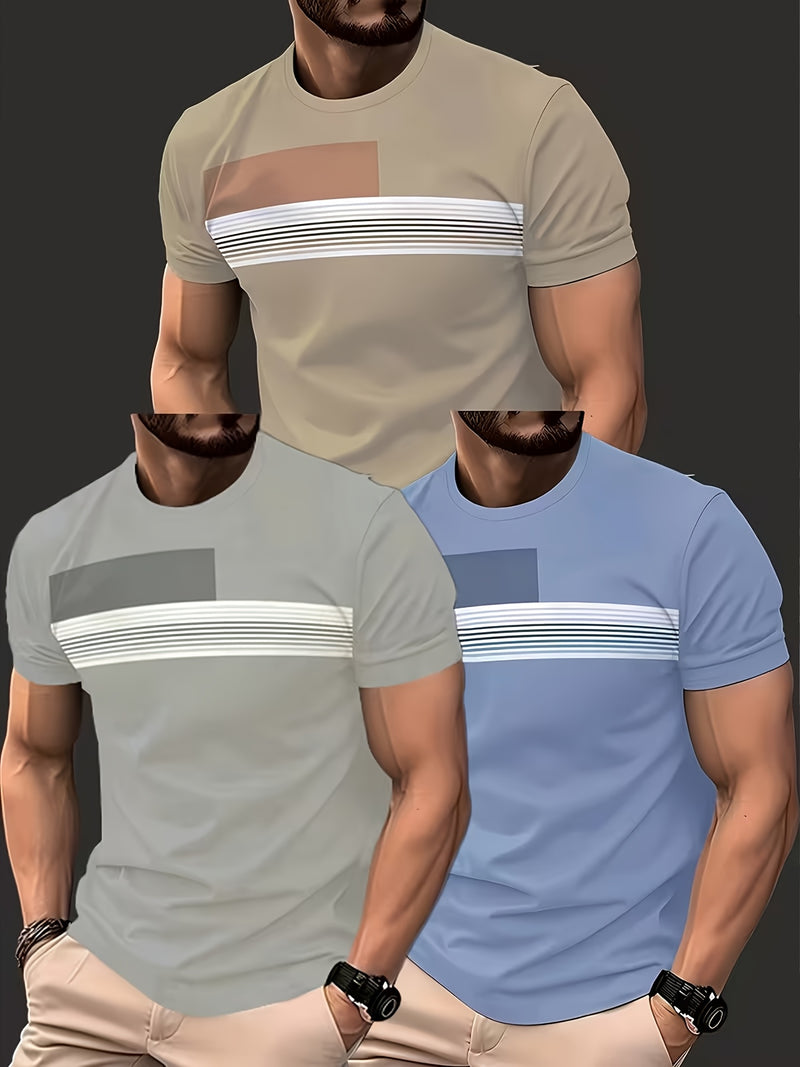 3pcs Men's Striped Short Sleeve T-Shirts.