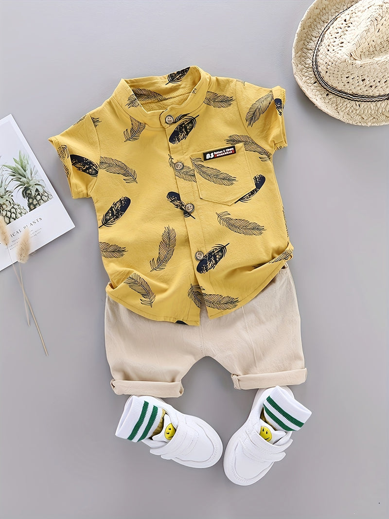 Youngsters Summer Feather Print Short Sleeve Shirt & Shorts Set.