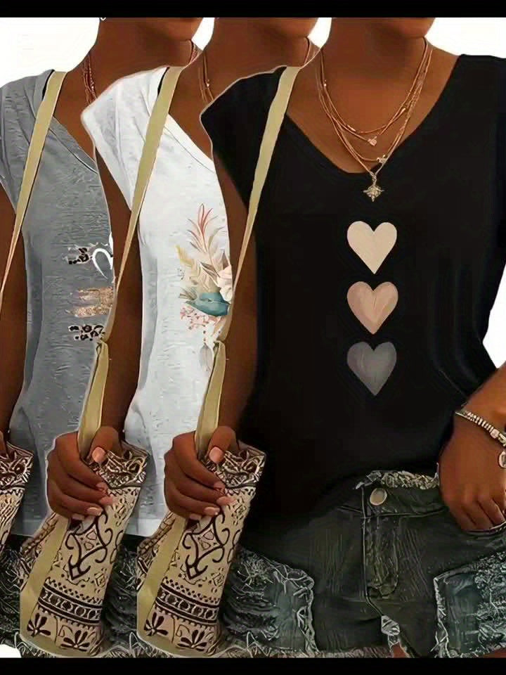 3pcs Set of Casual Floral, Heart, And Leopard Print Round Neck Fitted T-Shirts for Women.