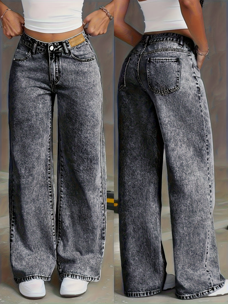 Women's Distressed Snowflake Washed Loose Straight-Leg Jeans.