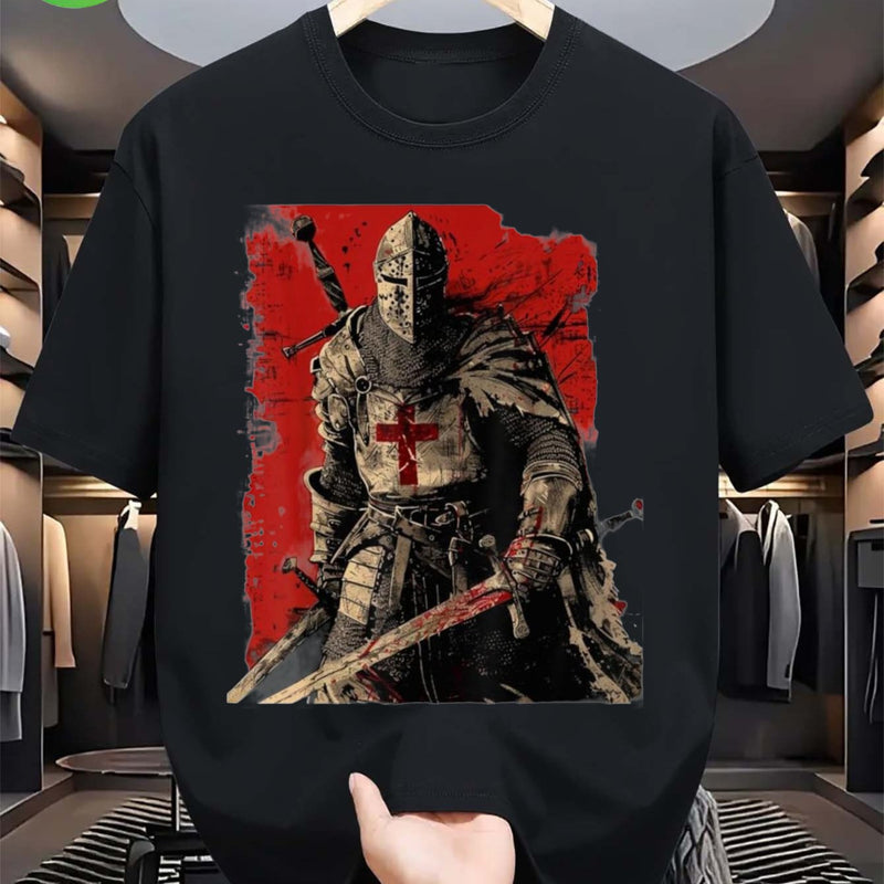 Men’s T-Shirt - Black Templar Knight with Sword & Cross Design.