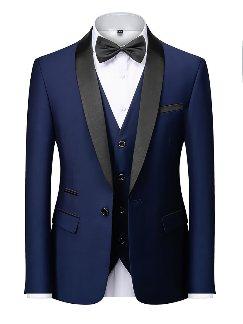 Men's 3pcs Wedding Suit Set - Slim Fit Business Suit Jacket + Single-Breasted Vest.