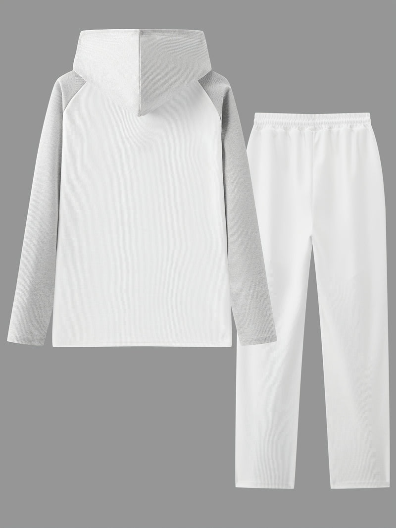 Men's Waffle 2pcs Hooded Sweatshirt Set Top Color Block.