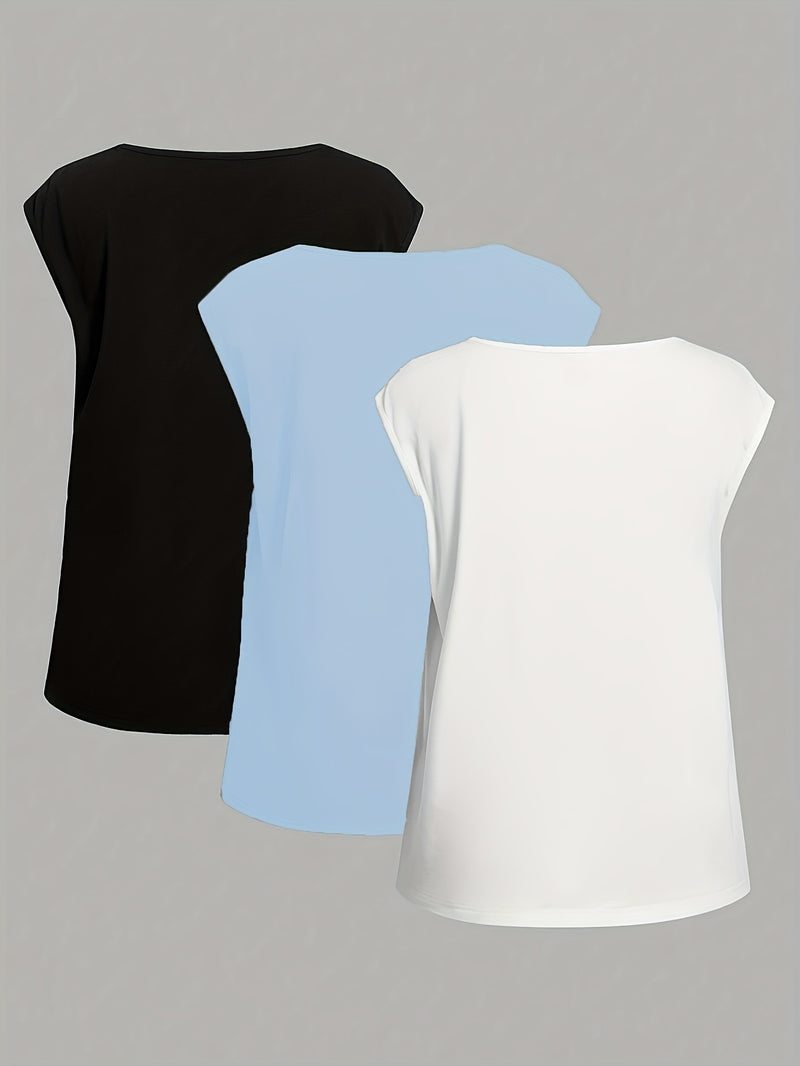 3pcs Set of Casual Floral, Heart, And Leopard Print Round Neck Fitted T-Shirts for Women.