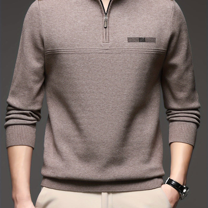 Men's Solid Color Simple Zip-Up High-Neck Long-Sleeve.