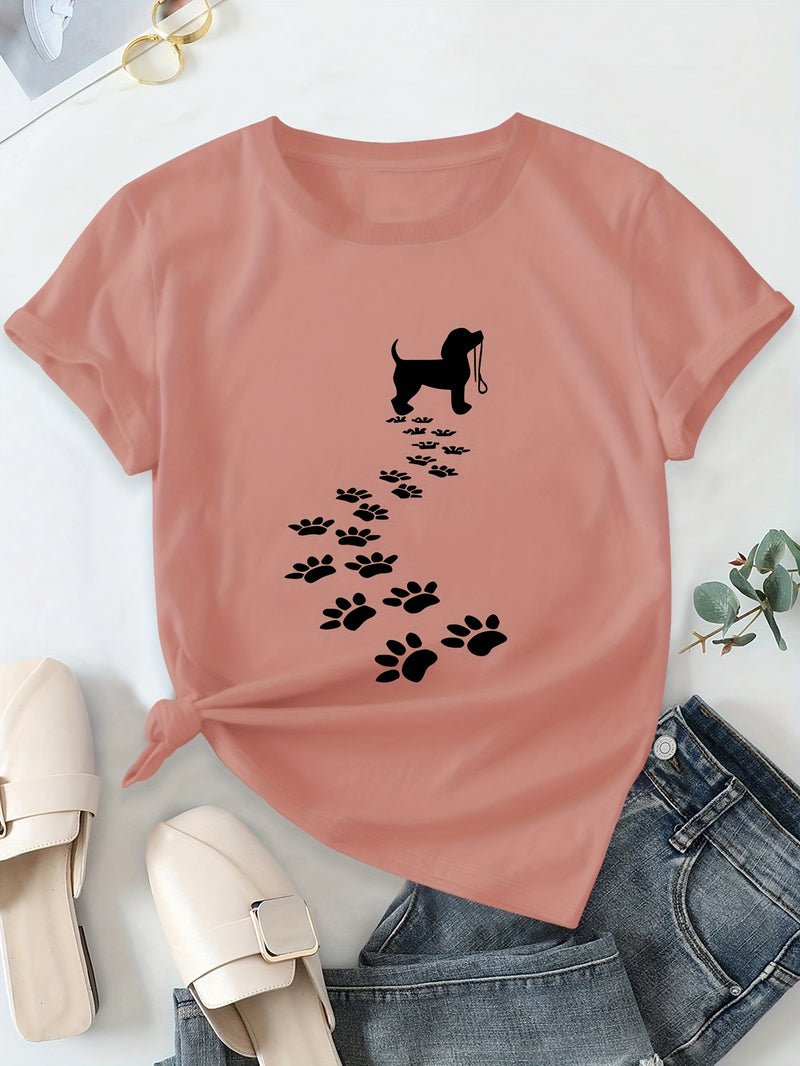 Women's Casual Short Sleeve T-Shirt with Dog Silhouette & Paw Print Graphic.