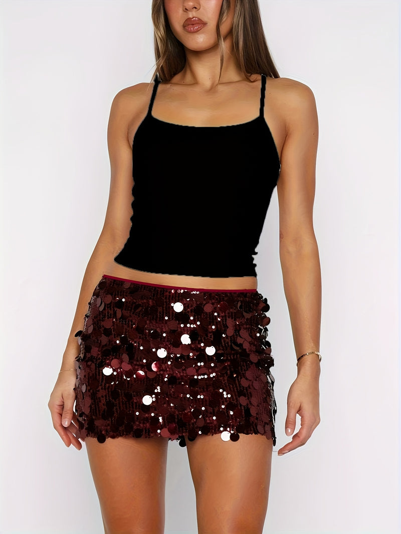 Golden Sequin Mini Skirt, Fitted And, Perfect for Party Wear for Women.