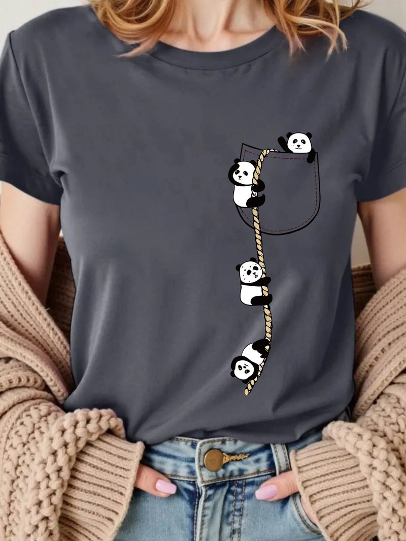 Women’s  Pocket Panda Climbing Rope Cute Pattern Print Fashion Crew Neck T-Shirt.