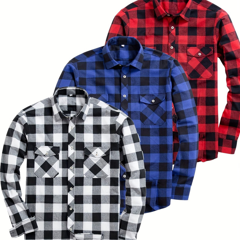 3pcs Men's Plaid Shirts with Top Lapel Long Sleeve.