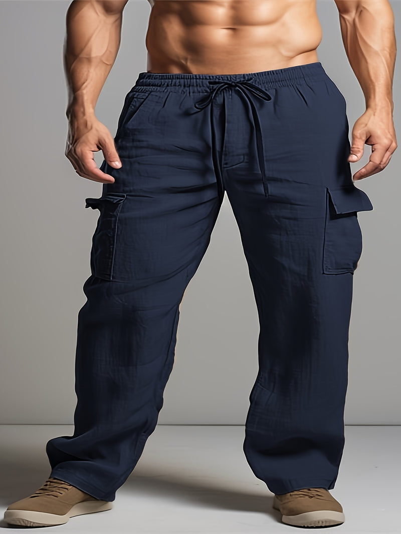 Linen Drawstring Elastic Waist Multi-Pocket Casual Long Pants.