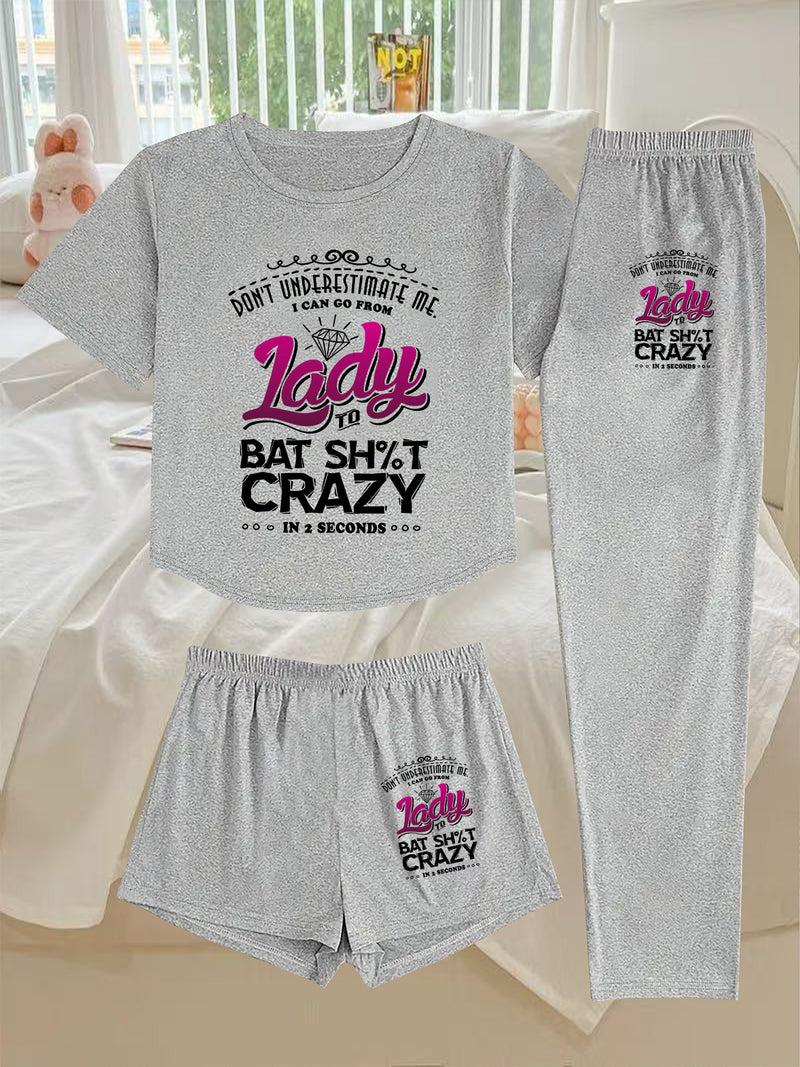A Three-Piece Women's Loungewear Set, Featuring a Printed Design.