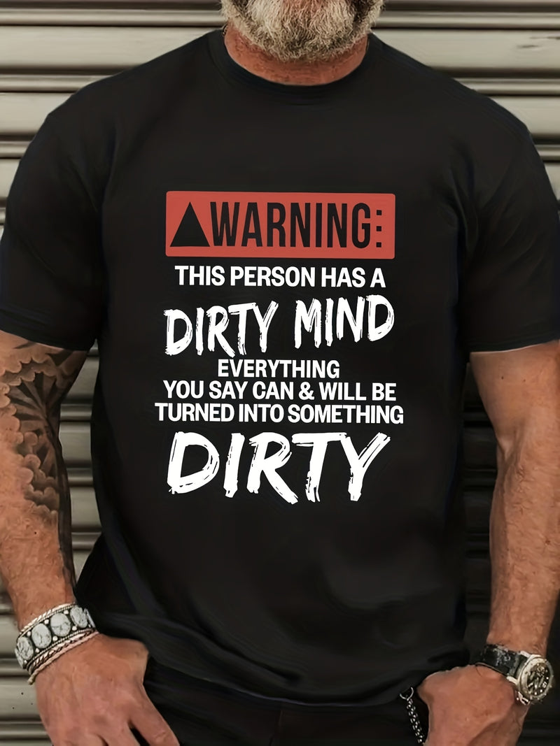 Men's Letter Graphic T-Shirt - Black with Bold White And Red Warning Prints.