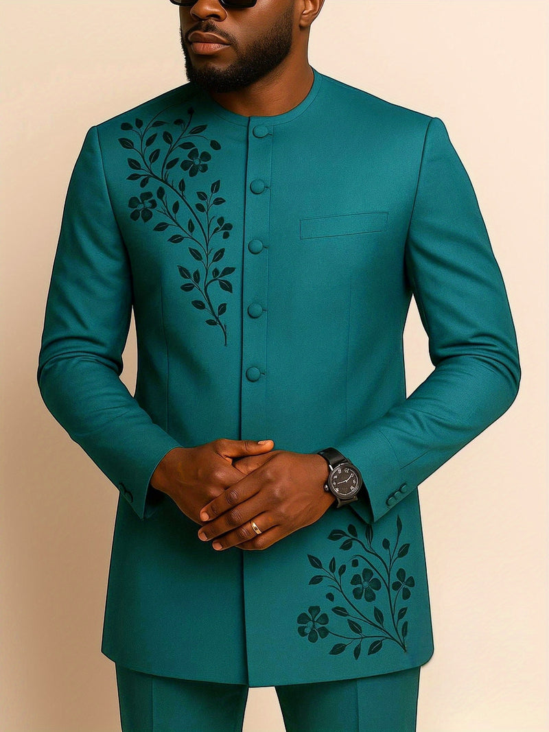 2pcs Men's Casual , Embroidery, Buttons, Pockets, Long-Sleeved Top.