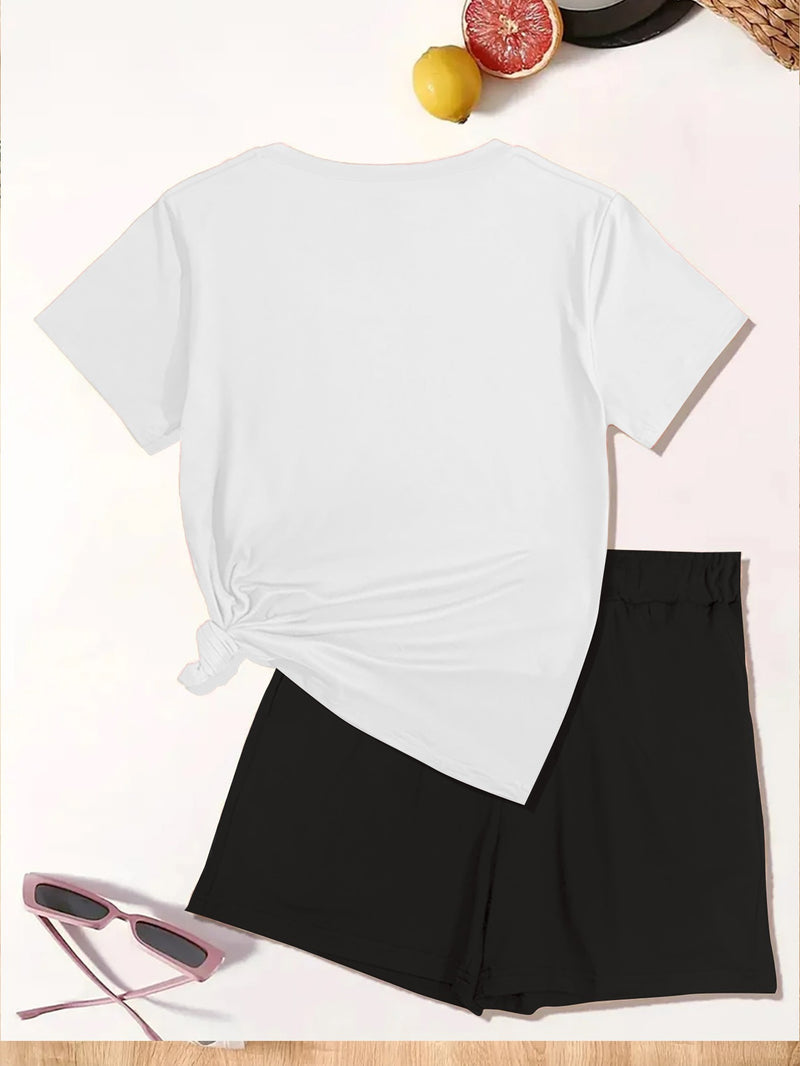 2pcs Women's Y2K Elegant V-Neck Short-Sleeve Blouse & Matching Shorts.