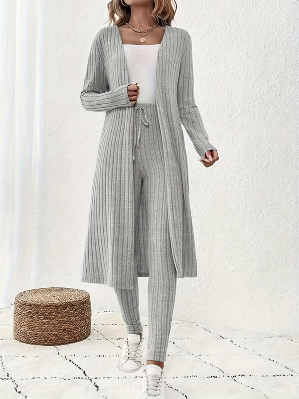 Women's Brushed Wide Stripe Solid Color Long Sleeve Long Cardigan And Pants.