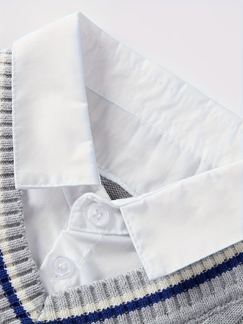 Boys' Red & Striped V-Neck Sweater.