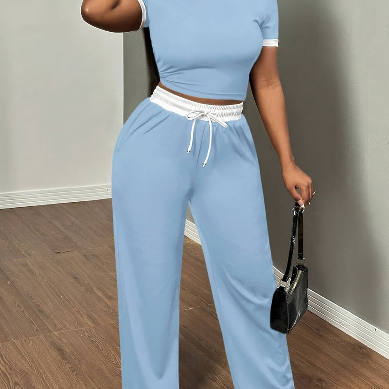 Women's Sexy Color Block Short-Sleeved T-Shirt And High-Waisted Belt Bandage Trousers.