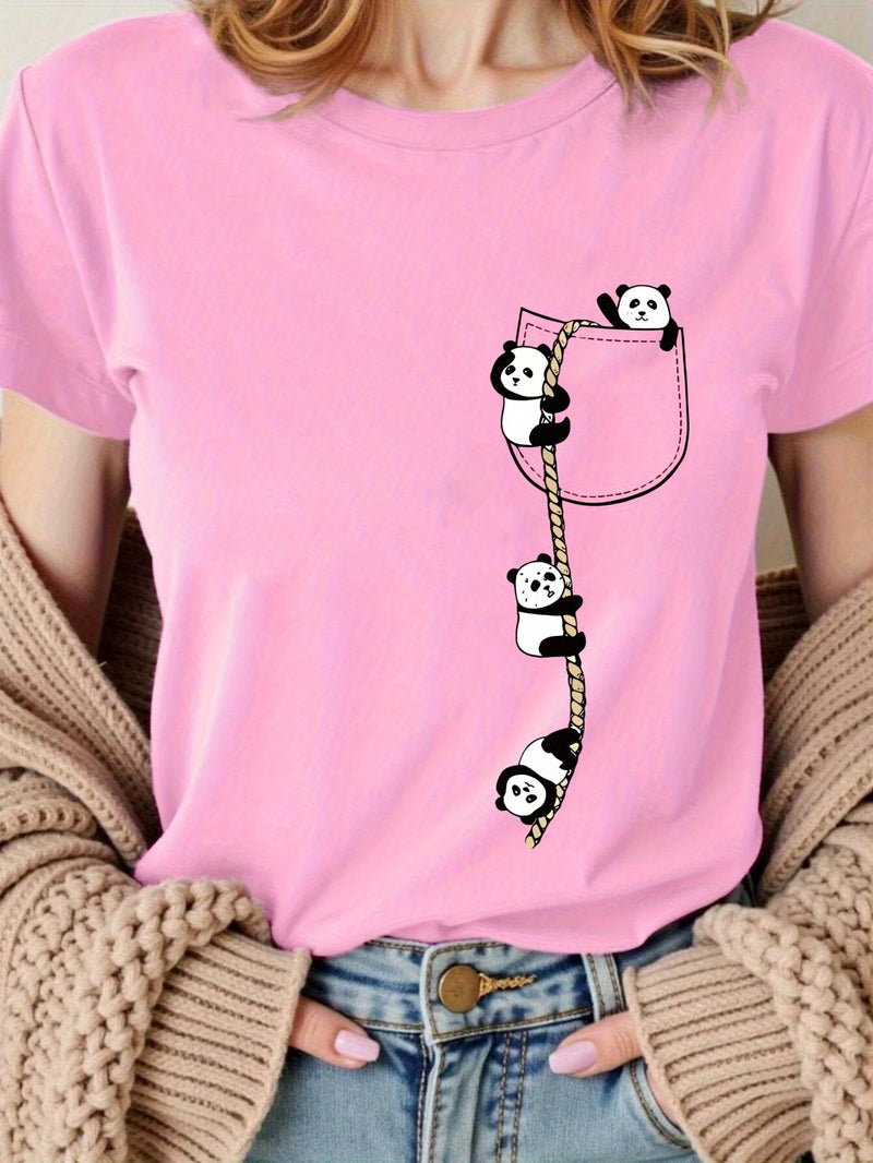 Women’s  Pocket Panda Climbing Rope Cute Pattern Print Fashion Crew Neck T-Shirt.