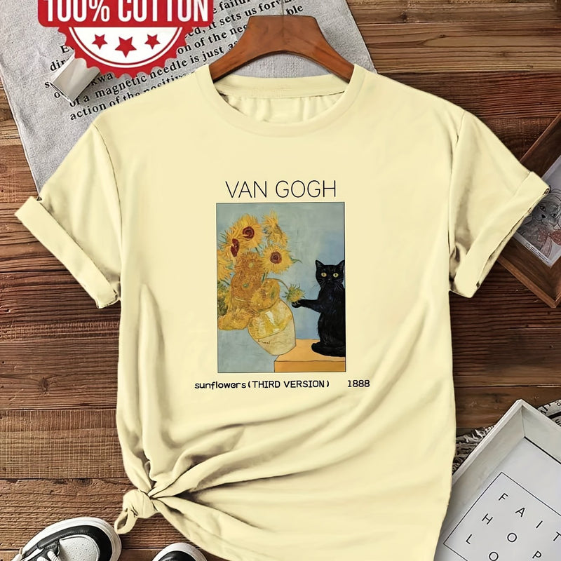 Women's Van Gogh Sunflowers & Black Cat Art Print T-Shirt.