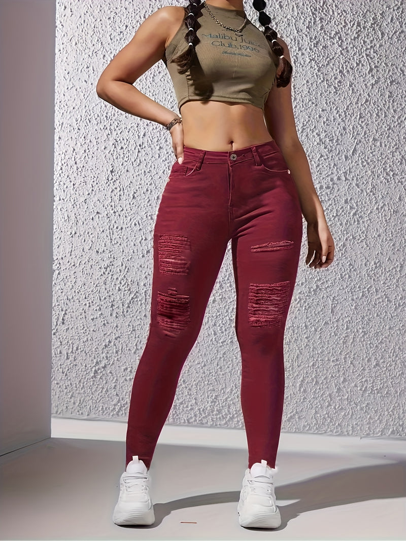 Women's Ripped Skinny Pants, Elastic Slim-fit.