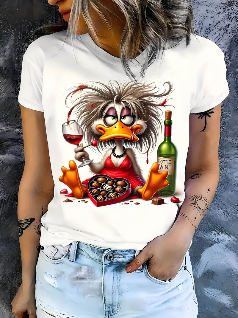 A Short-Sleeved Shirt Featuring a Casual Duck Wine Chocolate Design, Perfect for Women.