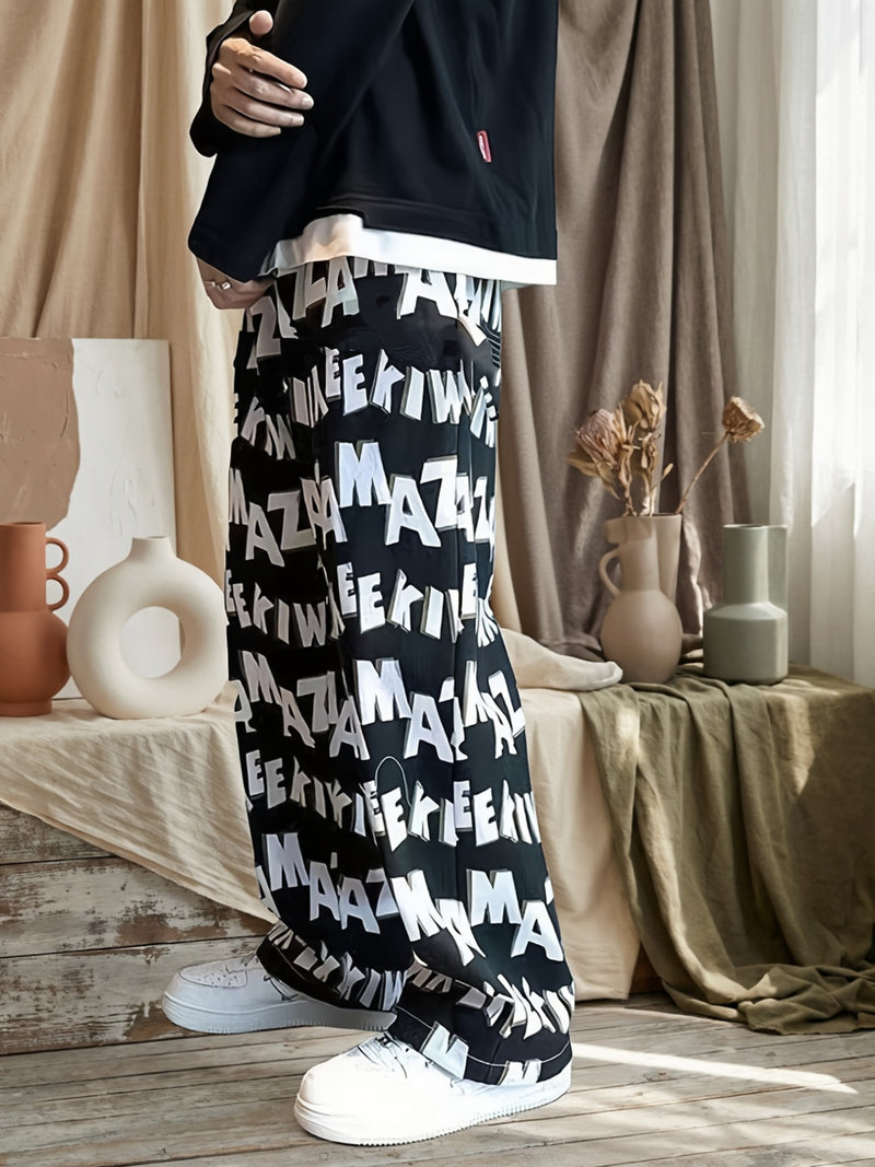 Men's Casual Wide-Leg Pants with Bold Letter Print.
